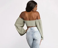 Long Sleeve Gauze Tie Front Crop Top