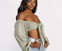 Long Sleeve Gauze Tie Front Crop Top