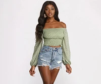 Off The Shoulder Chiffon and Smocked Ditsy Print Top