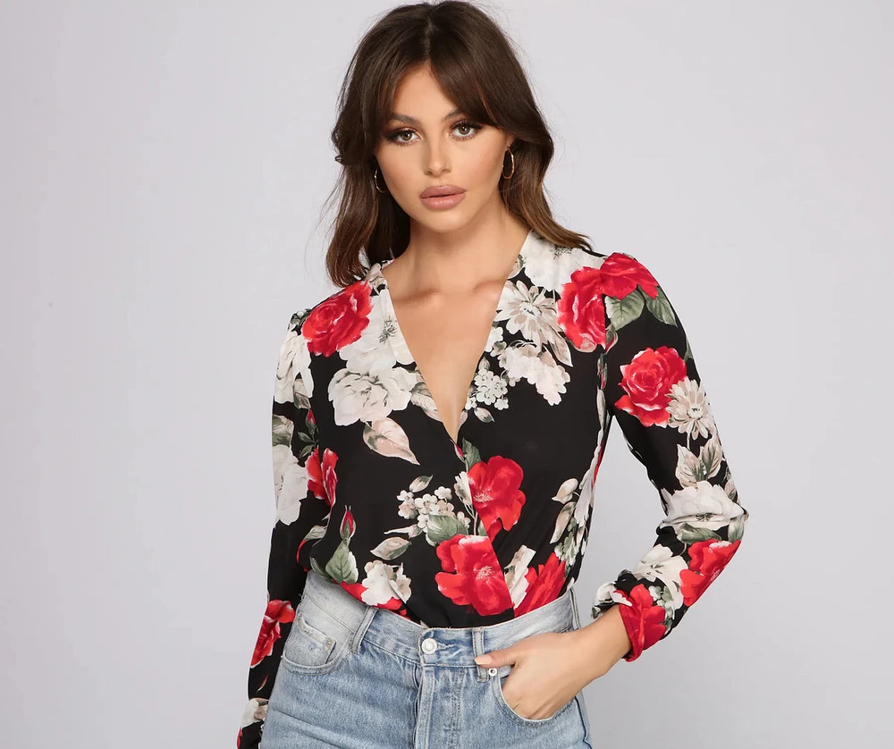 Floral Fusion Puff Sleeve Bodysuit