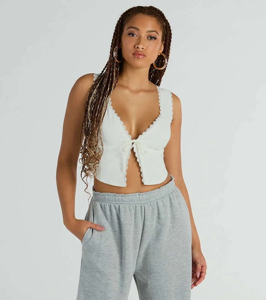 So Fresh Lace-Trim Linen Cropped Tank Top