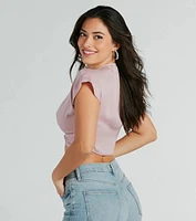 So Sweet Short Sleeve Twist-Front Satin Crop Top