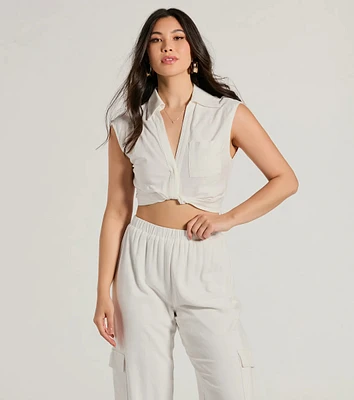 Breezy Mood Collared Linen Crop Top