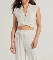 Breezy Mood Collared Linen Crop Top