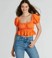 Adoring Looks Puff Sleeve Lace-Up Peplum Crop Top