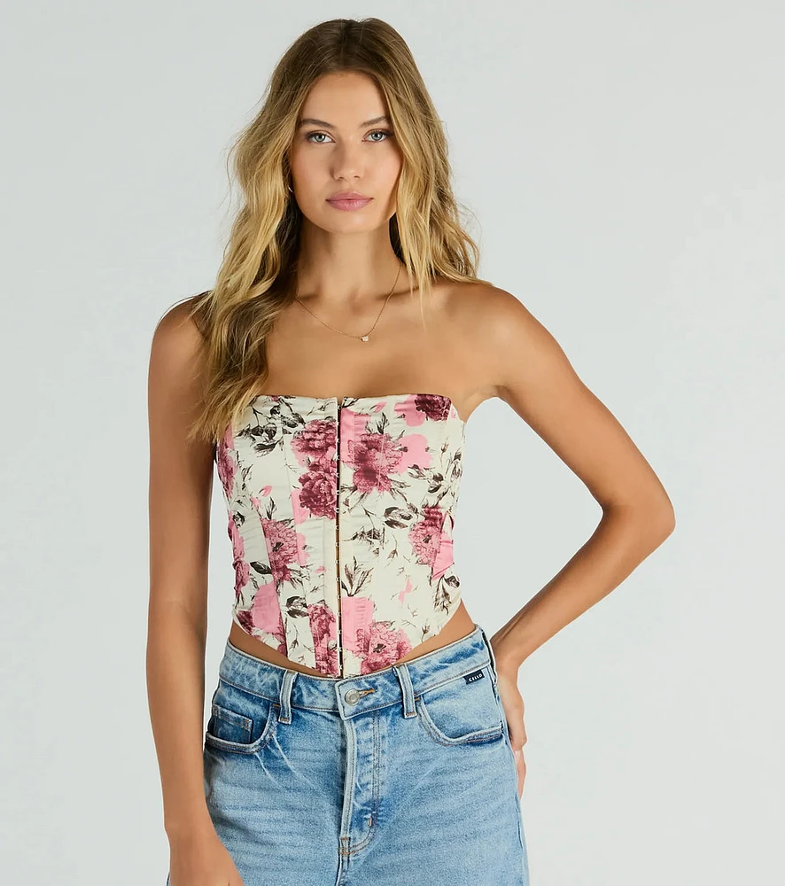 Time To Bloom Satin Floral Lace-Up Corset Top