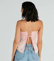 Cute Mentality Lace-Up Satin Cami Tank Top