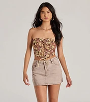 Adoring Taste Strapless Lace-Up Tapestry Crop Top