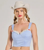 Kansas Girlie Gingham Lace Trim Crop Top