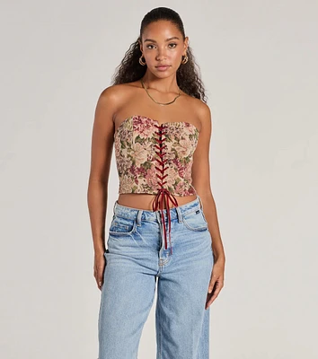 Blooming Beauty Tapestry Lace-Up Cropped Corset Top