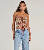 Blooming Beauty Tapestry Lace-Up Cropped Corset Top