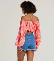 Sunset Beauty Off-The-Shoulder Marble Chiffon Crop Top