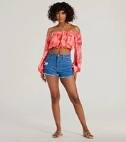 Sunset Beauty Off-The-Shoulder Marble Chiffon Crop Top