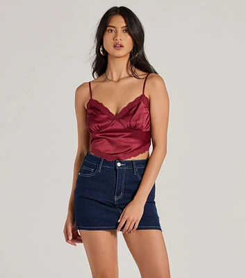 Romance The Air Lace Trim Satin Cami Crop Top