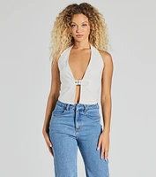 Sultry Trend Buckle Strap Halter Crop Top