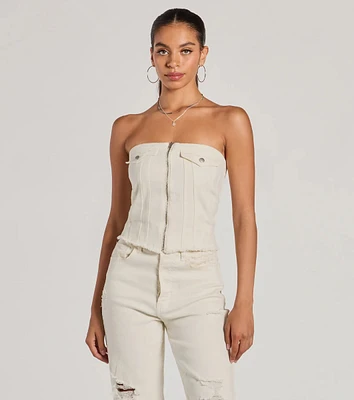 The Cutest Strapless Zip Front Denim Crop Top