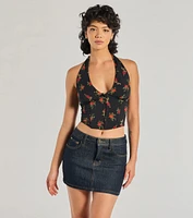 Charming Ditsy Rose Lace-Up Halter Corset Top