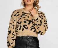 Leopard Print Eyelash Knit Cropped Sweater