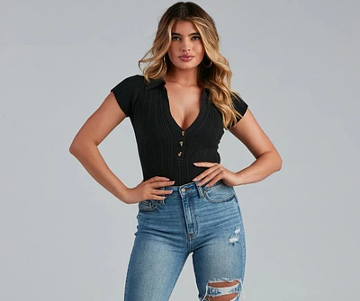 Cute Casual Collared Knit Bodysuit