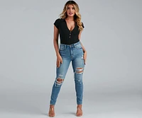 Cute Casual Collared Knit Bodysuit