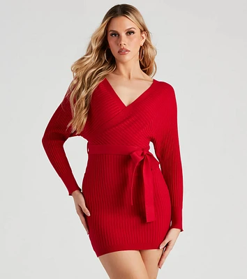 Ribbed Knit Tie-Front Mini Sweater Dress