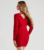 Ribbed Knit Tie-Front Mini Sweater Dress