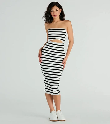 Babe Stripes Strapless Cutout Ribbed Knit Midi Dress