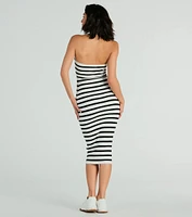 Babe Stripes Strapless Cutout Ribbed Knit Midi Dress