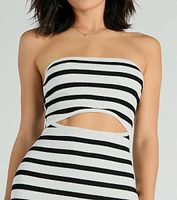 Babe Stripes Strapless Cutout Ribbed Knit Midi Dress