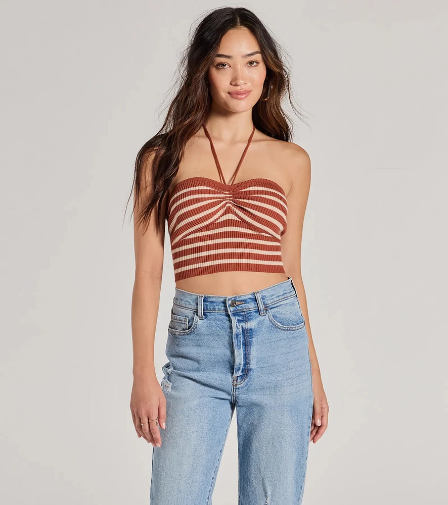 Trendy Stripes Halter Rib Knit Crop Top