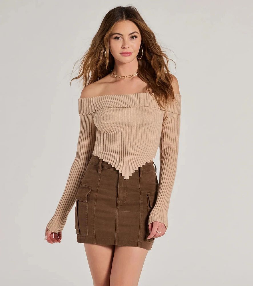 Trendy Textures Ribbed Knit Off the Shoulder Top