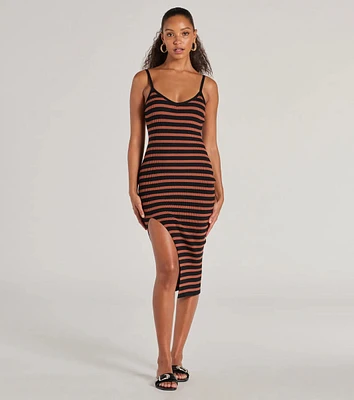 Trendy Staple Striped Ribbed Knit Midi Dress