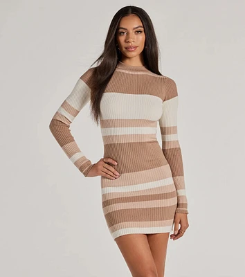 Modern Stripes Ribbed Knit Long Sleeve Mini Dress