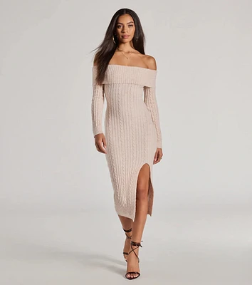 Cozy Luxe Cable Knit Off-The-Shoulder Midi Dress