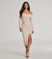 Cozy Luxe Cable Knit Off-The-Shoulder Midi Dress