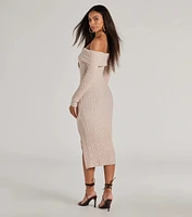 Cozy Luxe Cable Knit Off-The-Shoulder Midi Dress