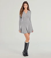 Cozy Prep Collared Long Sleeve Knit Skater Dress