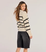 Preppy Casual Striped Knit Mock Neck Sweater