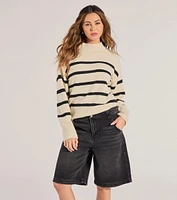 Preppy Casual Striped Knit Mock Neck Sweater