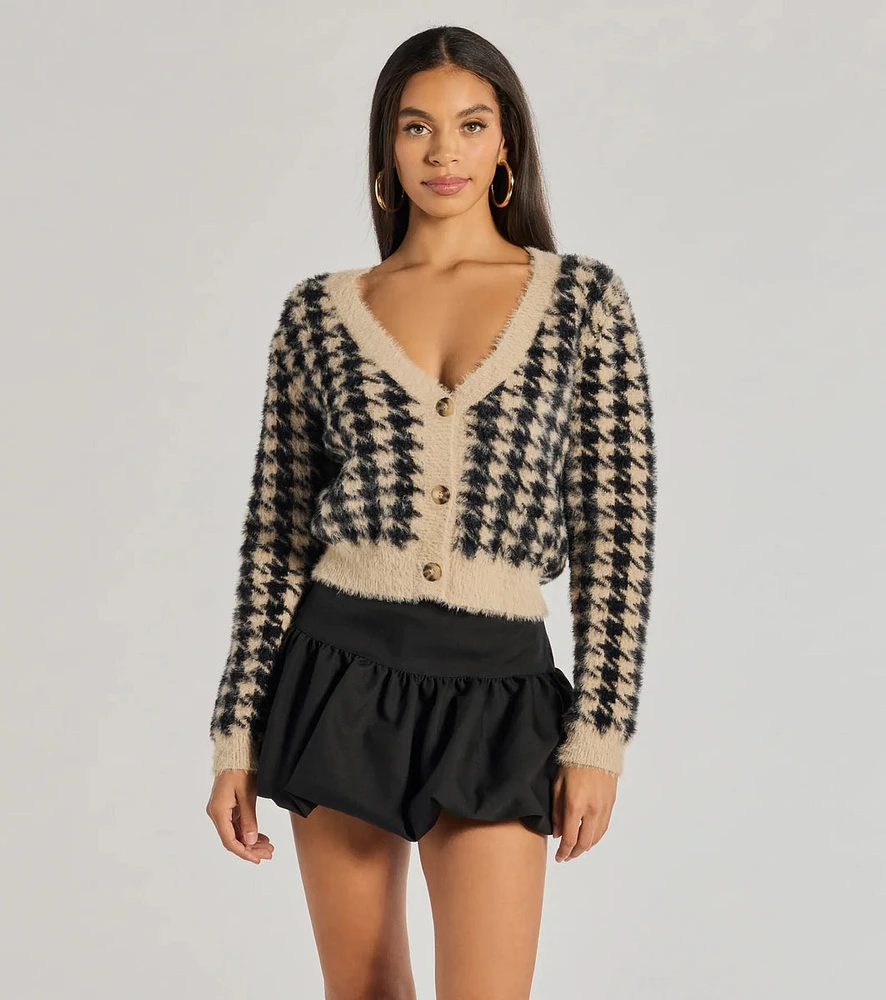 Polished Cozy Houndstooth Eyelash Knit Cardigan