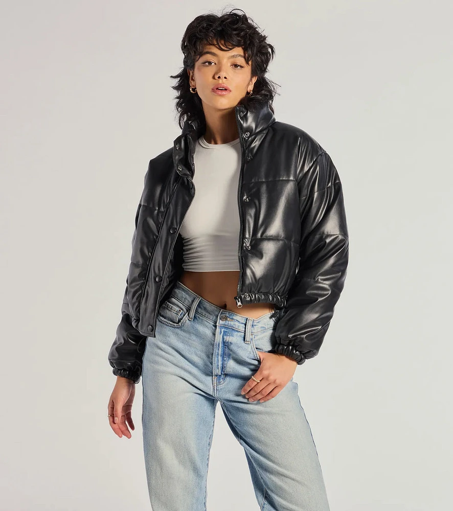 Sleek And Cozy Faux Leather Puffer Jacket