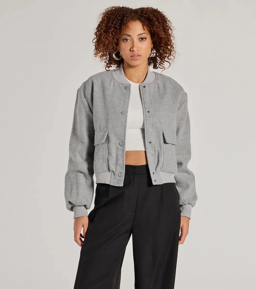 Cool Girl Energy Faux Wool Bomber Jacket