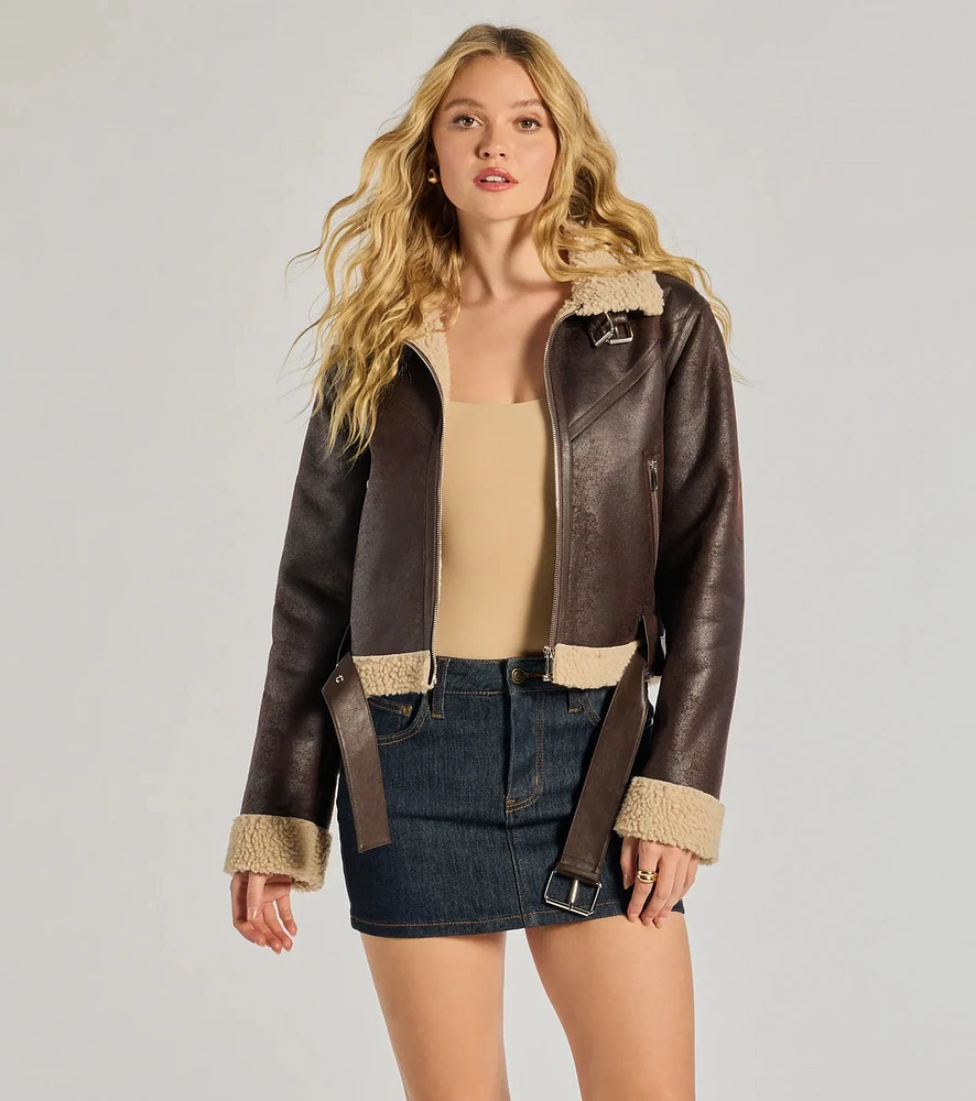 Cozy Sleek Faux Shearling Trim Moto Jacket