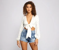 Eyelet Knit Tie Front Crop Top