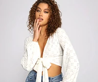 Eyelet Knit Tie Front Crop Top