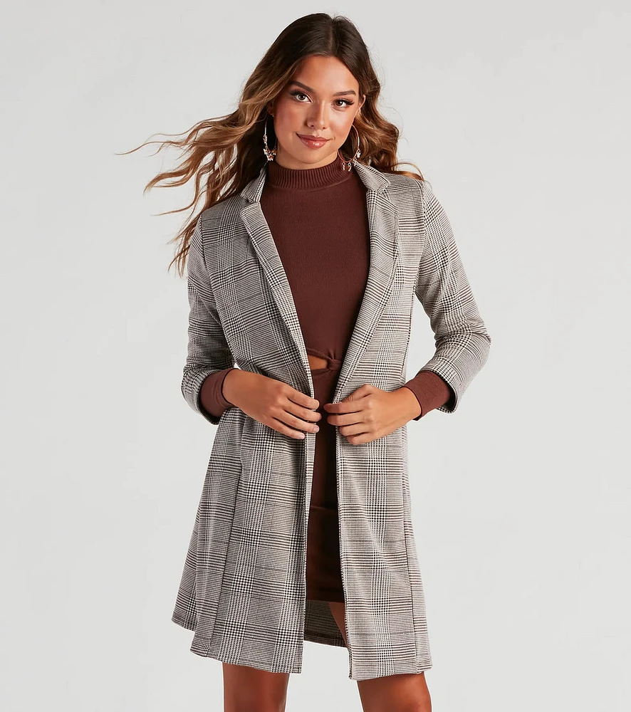 City Style Plaid Long Line Blazer