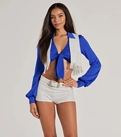 Game Day Spirit Cheerleader Collared Tie-Front Crop Top