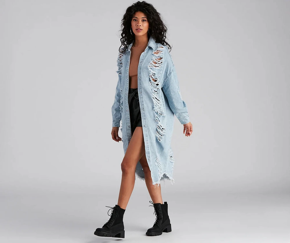 Destroyed Denim Long Line Jacket