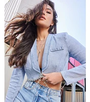 Oh So Icy Rhinestone Trim Crop Denim Blazer