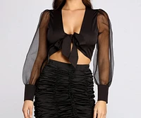 It's A Tie Front Organza Puff Sleeve Crop Top